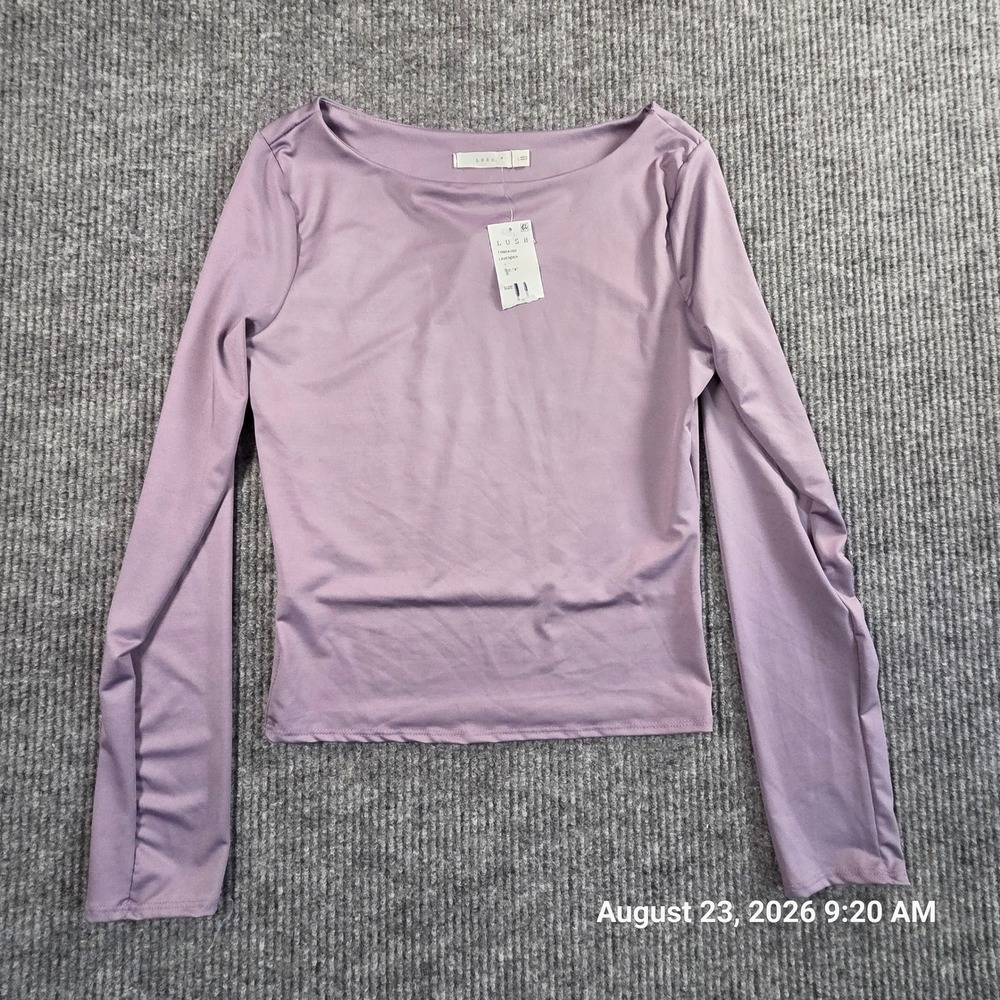 Lush Womens Lavender Purple Ruched Long Sleeve Boat Neck Top NWT Size Large